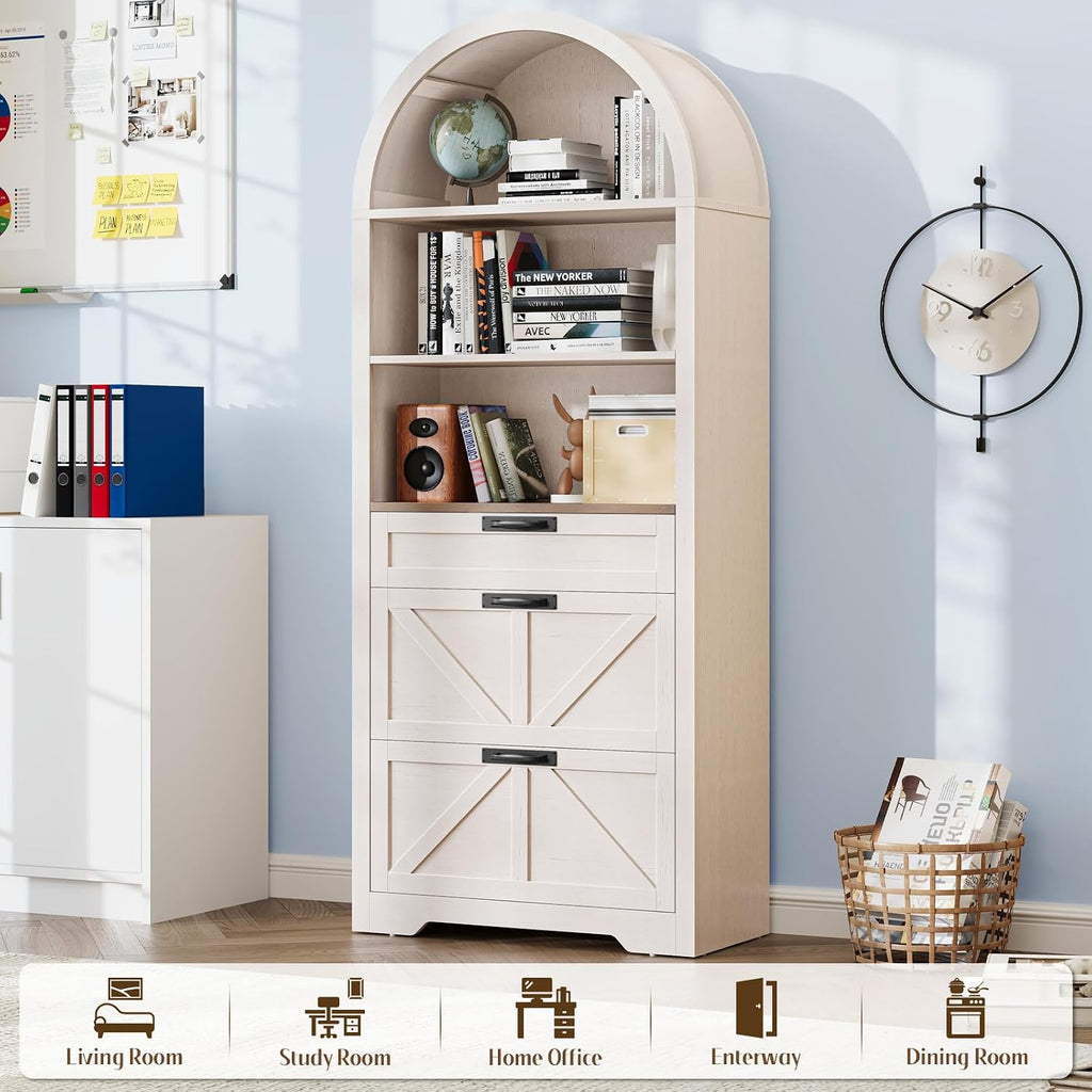 Vabches 71' Tall Arched Bookcase with File Cabinet Drawer, Farmhouse Freestanding Wooden Bookshelf, 3-Tier Large Open Display Storage Shelves for Home Office Living Room, Rustic White