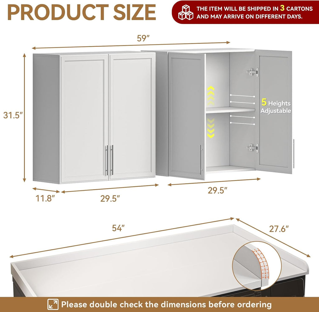 FIMELLO 60' Laundry Room Wall Cabinets and 27.6' x 54' Washer and Dryer Countertop Set, Laundry Room Cabinets Wall Mounted, Upper Cabinets Floating Cabinet - White Laundry Countertop