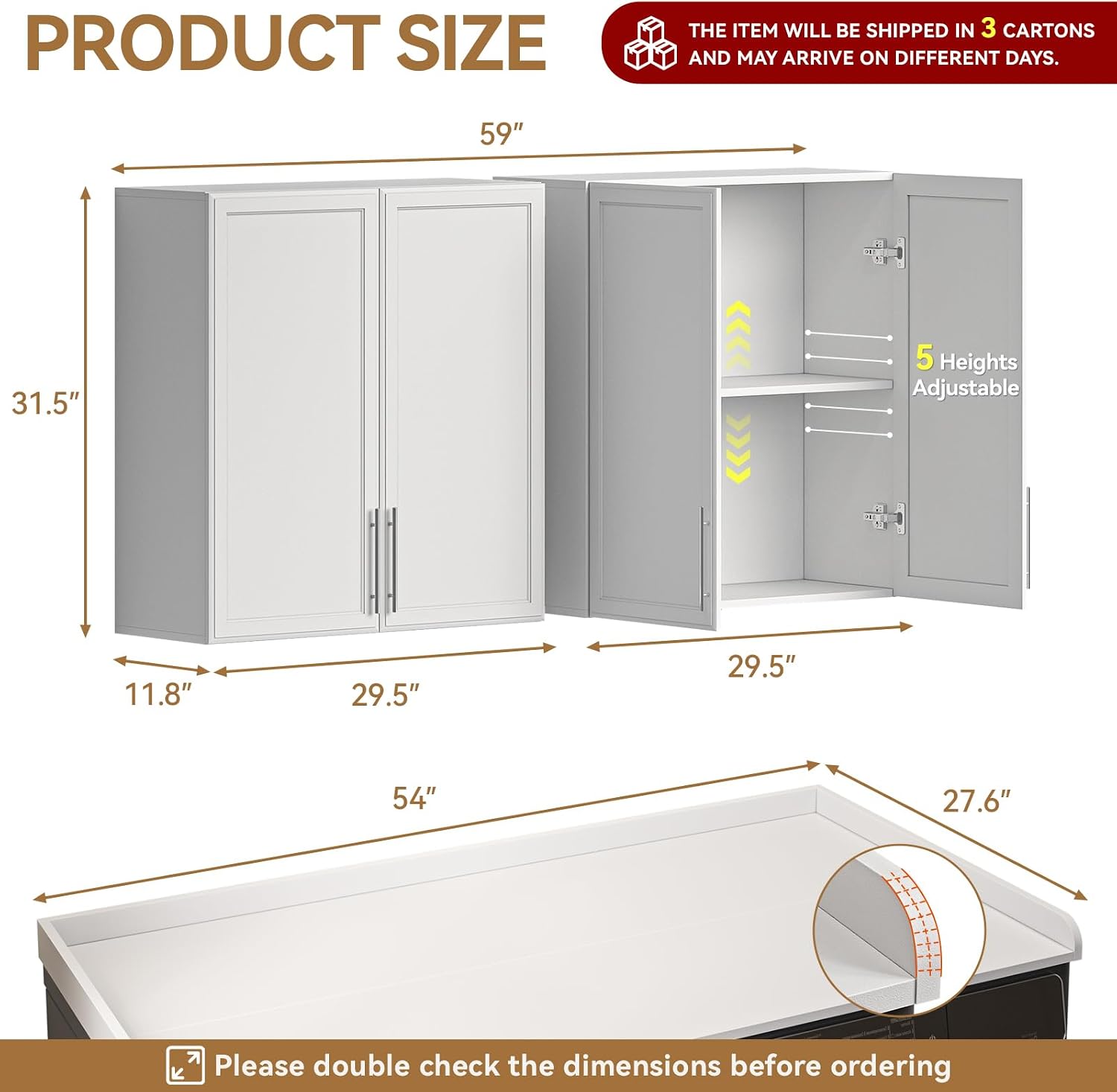 FIMELLO 60' Laundry Room Wall Cabinets and 27.6' x 54' Washer and Dryer Countertop Set, Laundry Room Cabinets Wall Mounted, Upper Cabinets Floating Cabinet - White Laundry Countertop