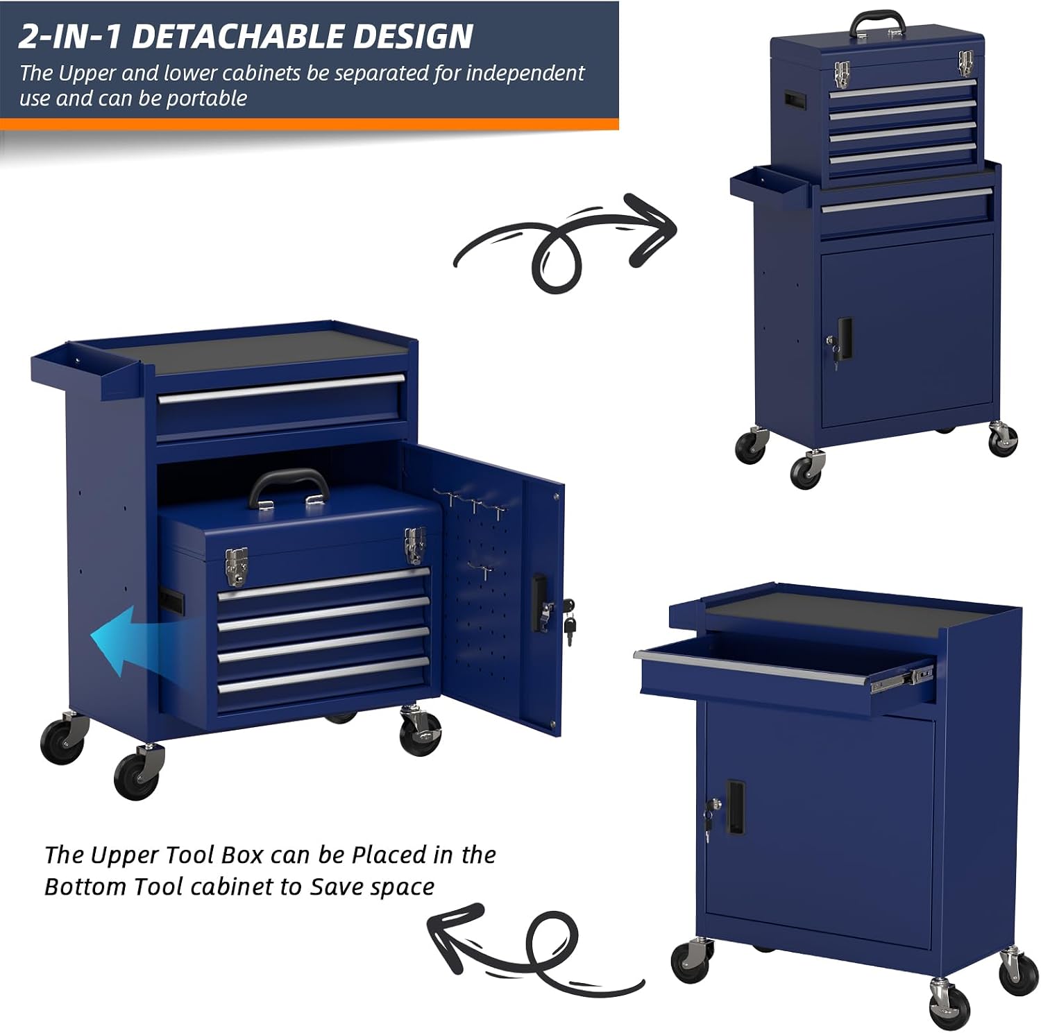 5-Drawer High Capacity Rolling Tool Box, Removable Cabinet Storage Tool Chest with Wheels and Drawers, Detachable Toolbox with Lock for Mechanics Garage Workshop and Tool Room (Blue)