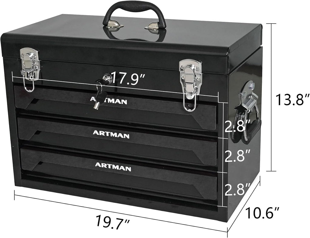 20' Portable Tool Box with Key Lock, 439 Piece Mechanics Tool Set, 3 Drawers & Top Storage Tray Toolbox with Metal Latches & Carrying Handle for Garage, Warehouse, Repair Shop & Home (Black)