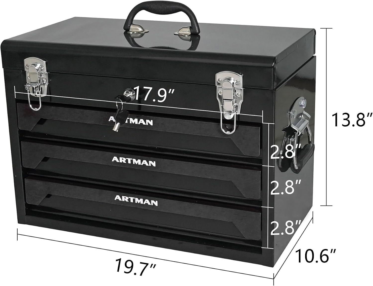 20' Portable Tool Box with Key Lock, 439 Piece Mechanics Tool Set, 3 Drawers & Top Storage Tray Toolbox with Metal Latches & Carrying Handle for Garage, Warehouse, Repair Shop & Home (Black)