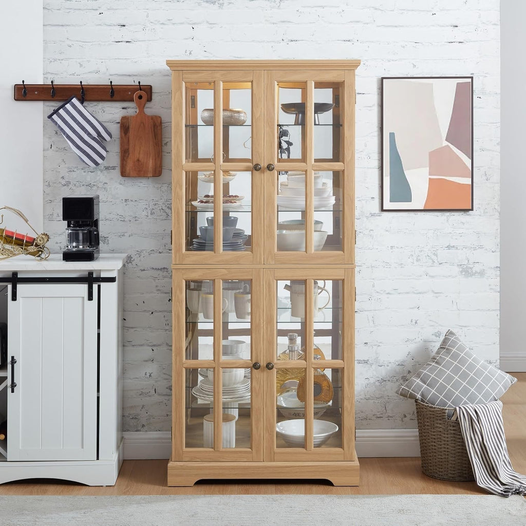 Glass Display Cabinet, 69' H Curio Cabinet with Adjustable Shelves and 4 Glass Doors, Light Bulb Included, Elegant Antique Showcase, Rack for Living Room/Home Office (Oak)