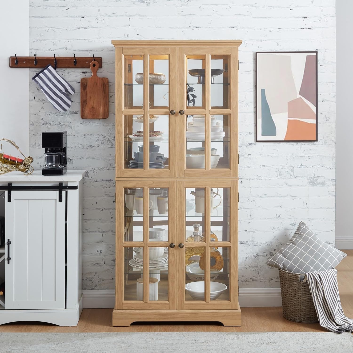 Glass Display Cabinet, 69' H Curio Cabinet with Adjustable Shelves and 4 Glass Doors, Light Bulb Included, Elegant Antique Showcase, Rack for Living Room/Home Office (Oak)