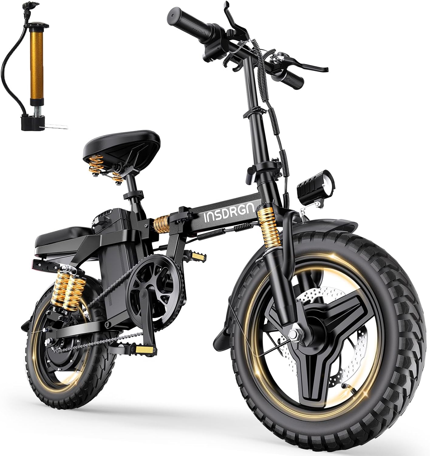 INSDRGN 14' Folding Electric Bike for Adults, Peak 1500W Motor,20MPH Max Speed,48V 16Ah Removable Battery Electric Bike, 35/62Miles Max Range, UL 2849 Certified E Bike