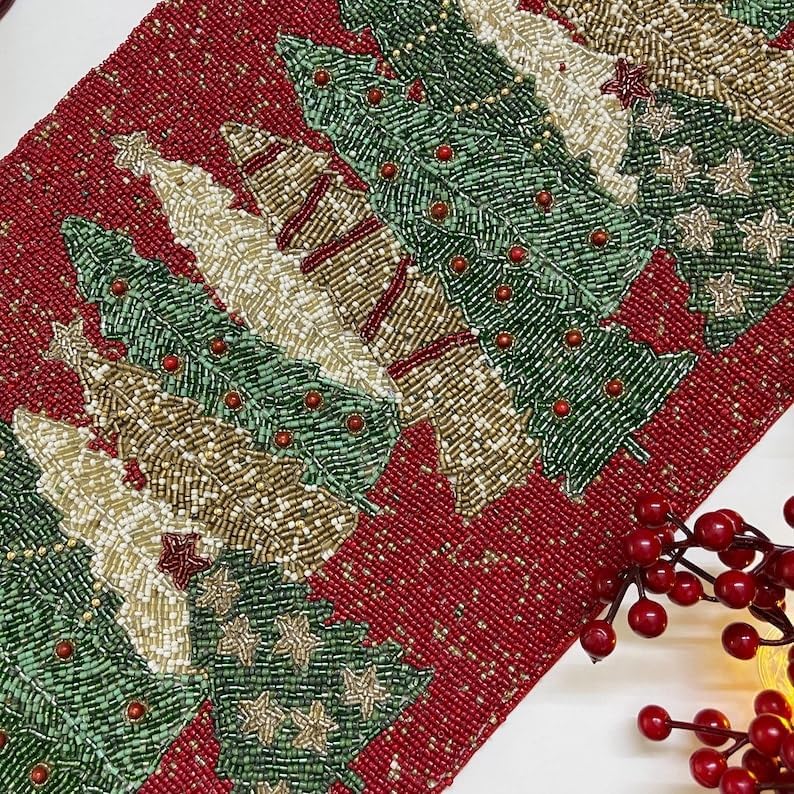 Handmade Christmas Tree Table Runner, Beaded Runner, Red, Green and Gold, 13x36inch for Christmas Thanksgiving Halloween Party Table Decoration - Multicolor