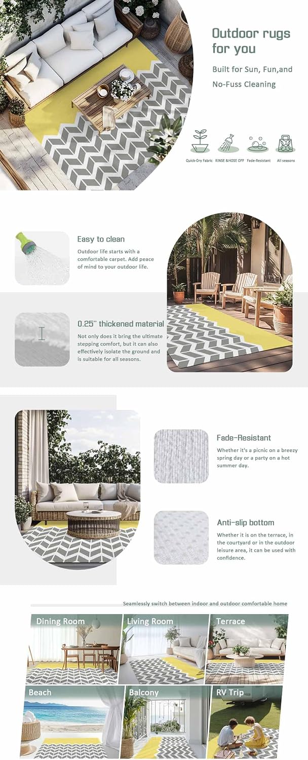 Outdoor Rug 4x6ft Abstract Geometric White Arrow Lines Chevron Patio Area Rugs Waterproof Easy Cleaning Non Shedding Thick Mats Yellow Carpet for Indoor Outdoor Porch Deck Backyard Balcony