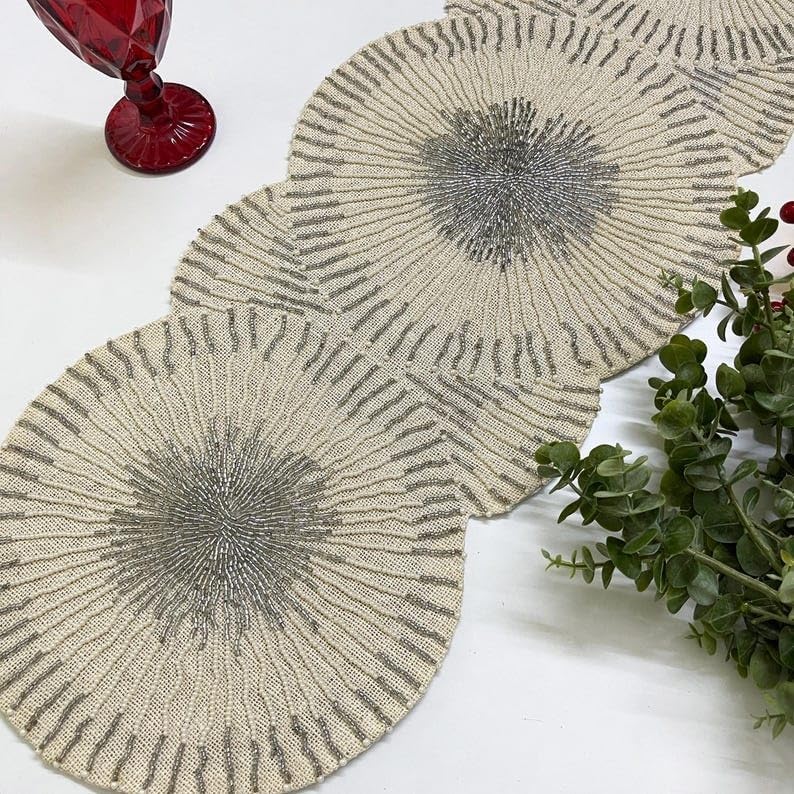 Set of a Handmade Beaded Burlap Table Runner and 6 placemats, Silver, and White Bead