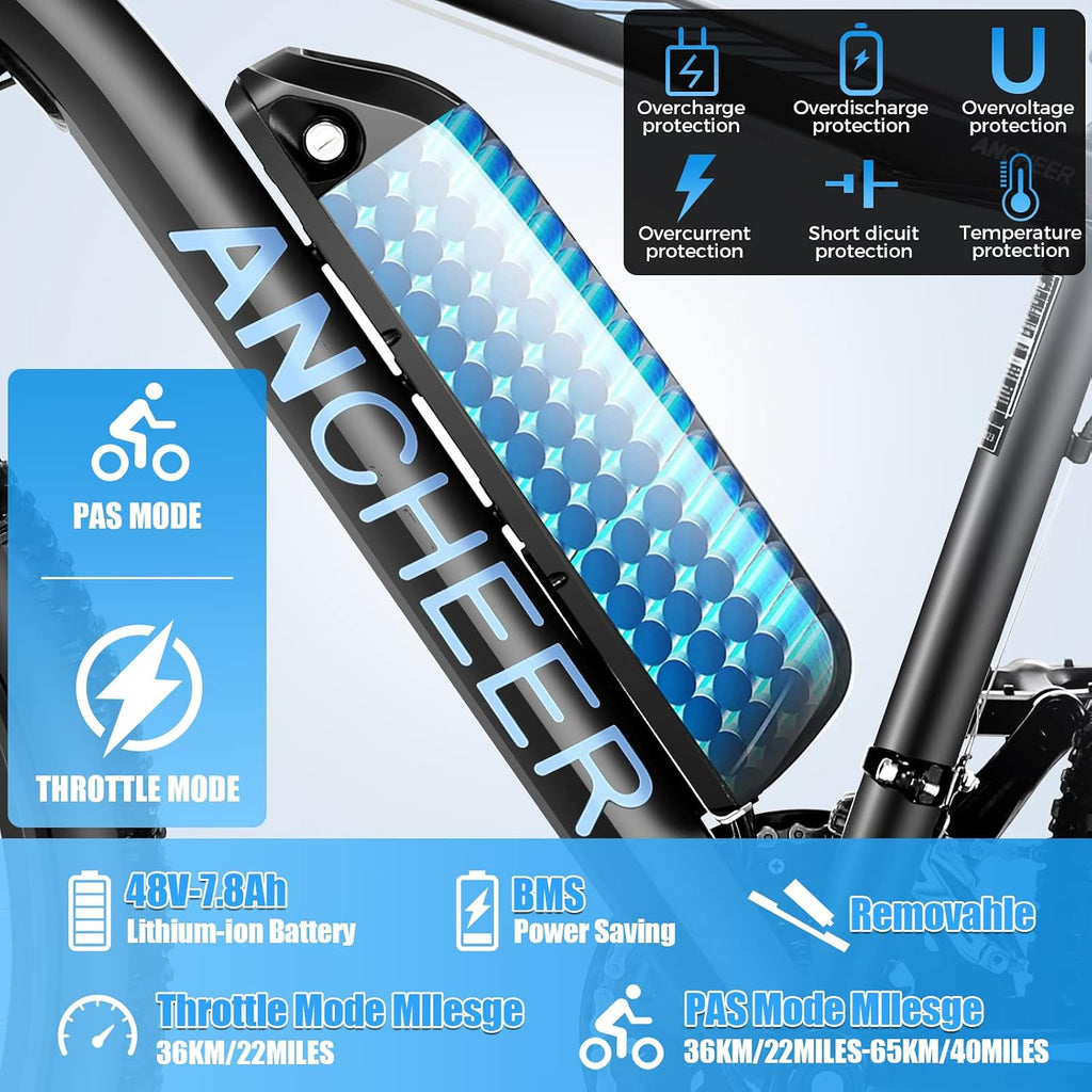 ANCHEER 26' Electric Bike for Adults, [Peak 749W Motor] Electric Mountain Bike, 19.8MPH Commuter Ebike, 50 Miles Adults Electric Bicycle with 48V/374Wh Battery, LCD Display, 21 Speed, Front Suspension