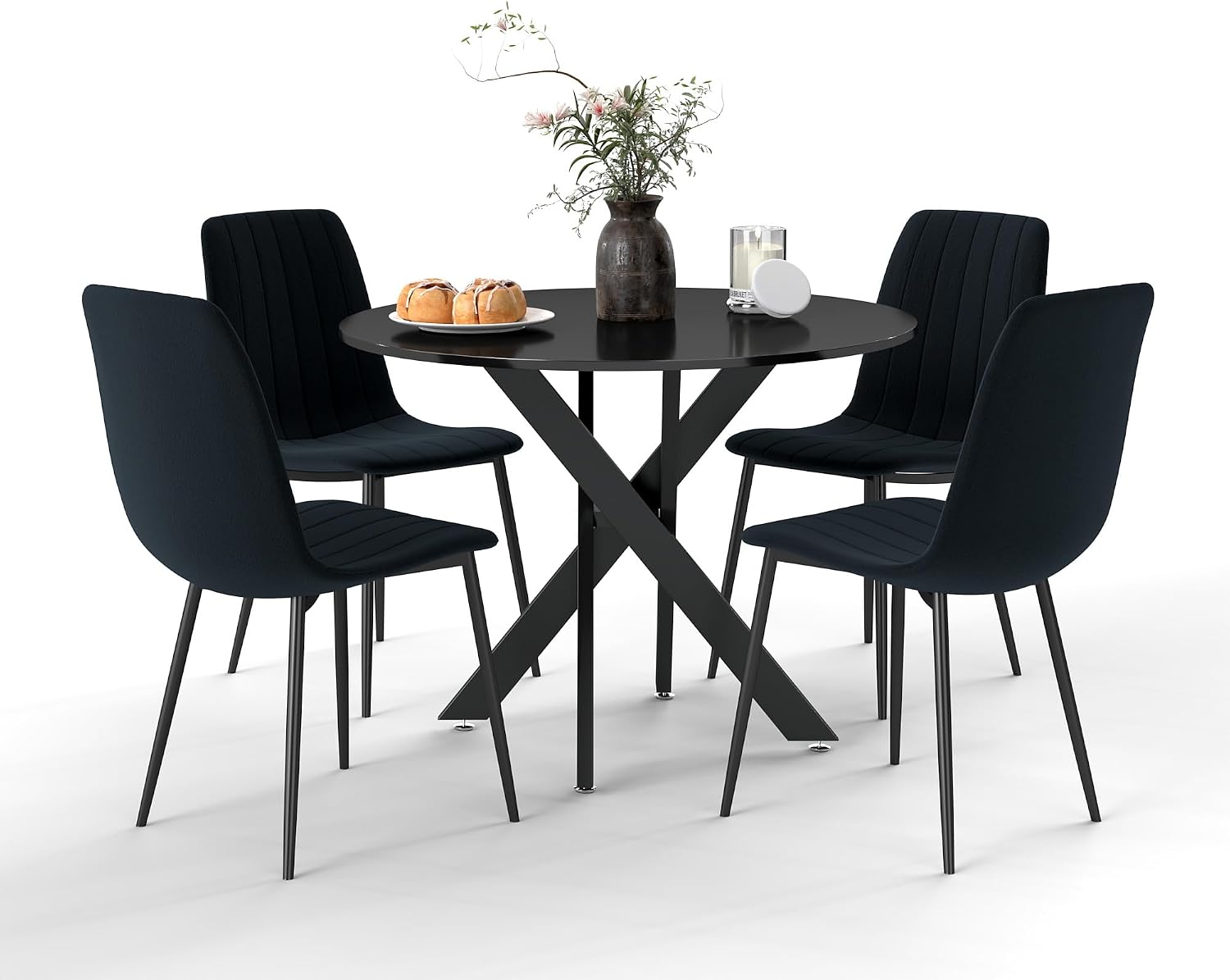 RGZ 36' Round Dining Table Set for 4, 5 PCS Modern Wooden Black Circle Kitchen Table with Steel Legs & 4 Black Velvet Upholstered Chairs for Dining Room, Living Room, Kitchen