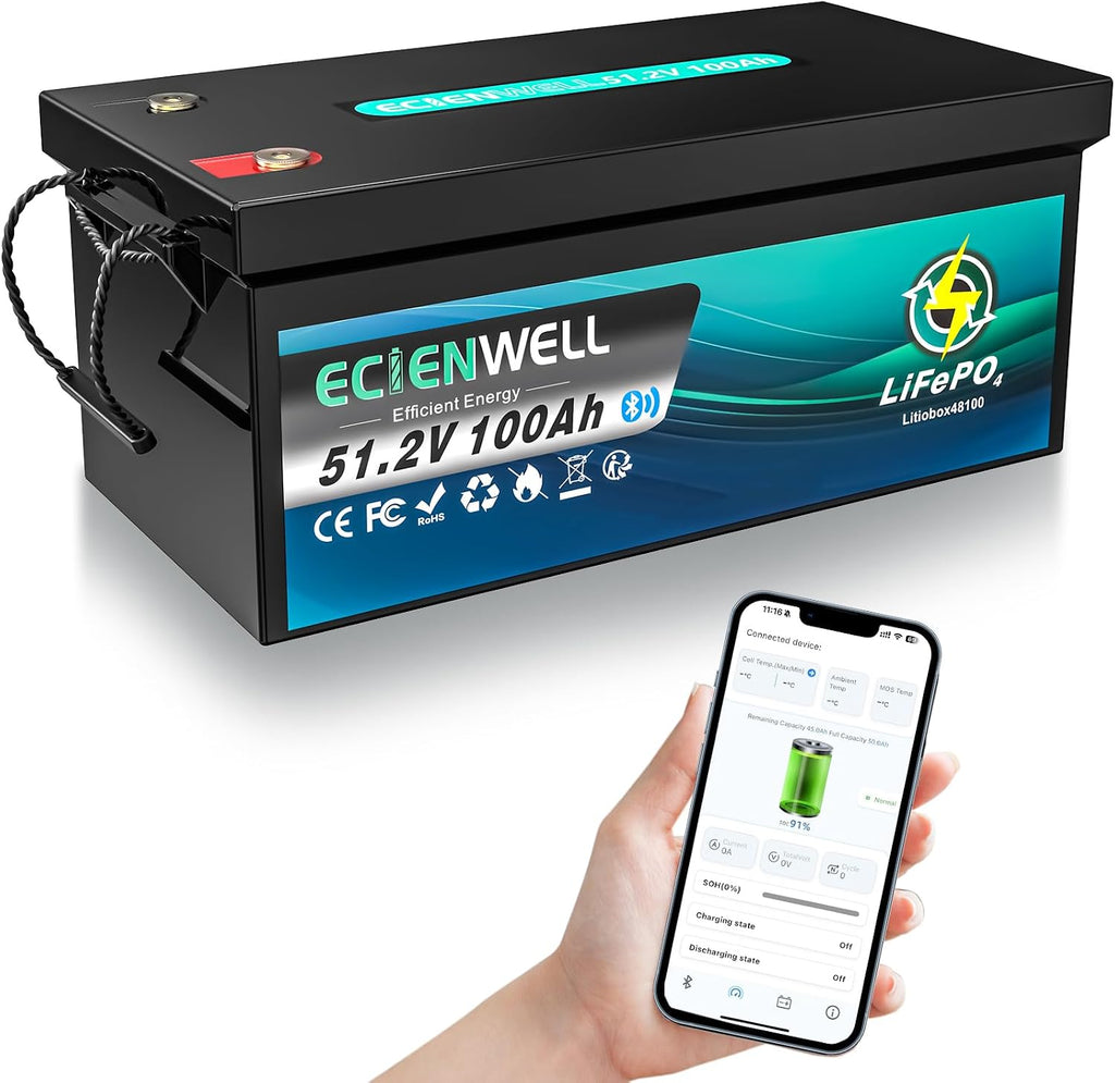 48V(51.2V) 100Ah Golf Cart Lithium LiFePO4 Battery with Bluetooth&APP, ECIENWELL 15000+ Deep Cycle Battery with 150A BMS, EV A+ Rated Cells Batteries for Golf Cart, Lawn Mower, Solar, RV