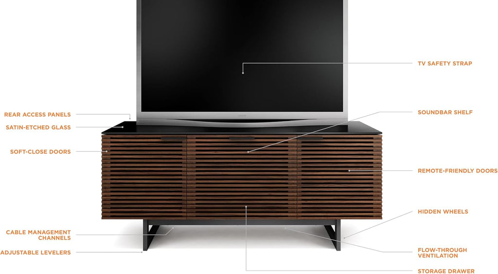 BDI Furniture Corridor 8177-65'' TV Stand for TVs up to 70' with Soundbar Shelf, Storage Drawer, Cable Management, Remote-Friendly Louver Doors, Satin-Etched Glass Top, Chocolate Stained Walnut