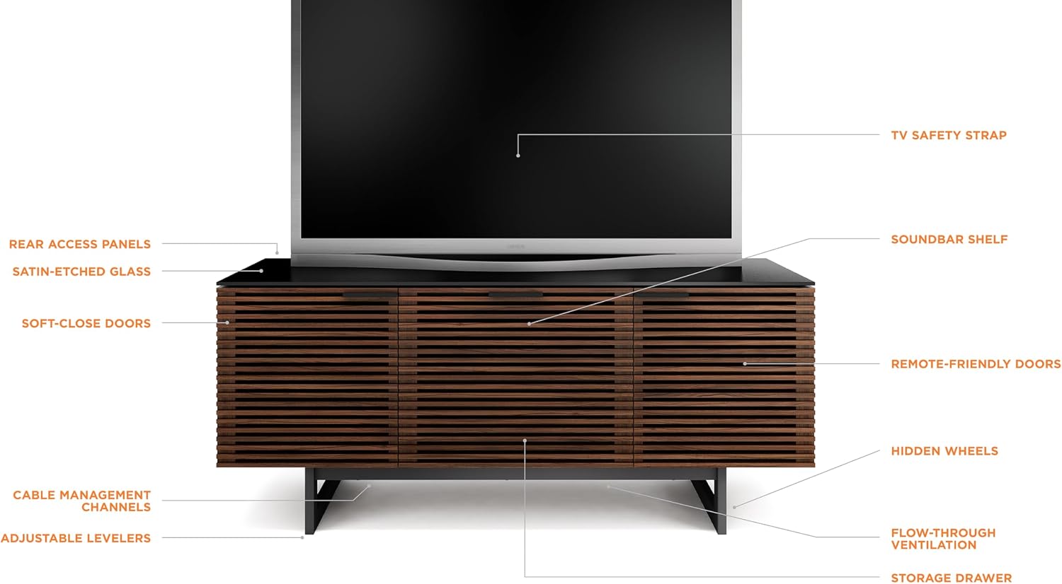 BDI Furniture Corridor 8177-65'' TV Stand for TVs up to 70' with Soundbar Shelf, Storage Drawer, Cable Management, Remote-Friendly Louver Doors, Satin-Etched Glass Top, Chocolate Stained Walnut
