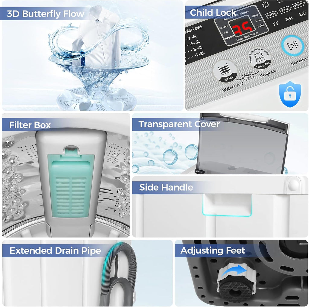 Nictemaw Portable Washing Machine, 20Lbs Capacity Full-Automatic Portable Washer Machine, 2.8Cu.ft Compact Washing Machine with 10 Programs & 8 Water Levels Laundry Machine Apartments, Dorms, RVs
