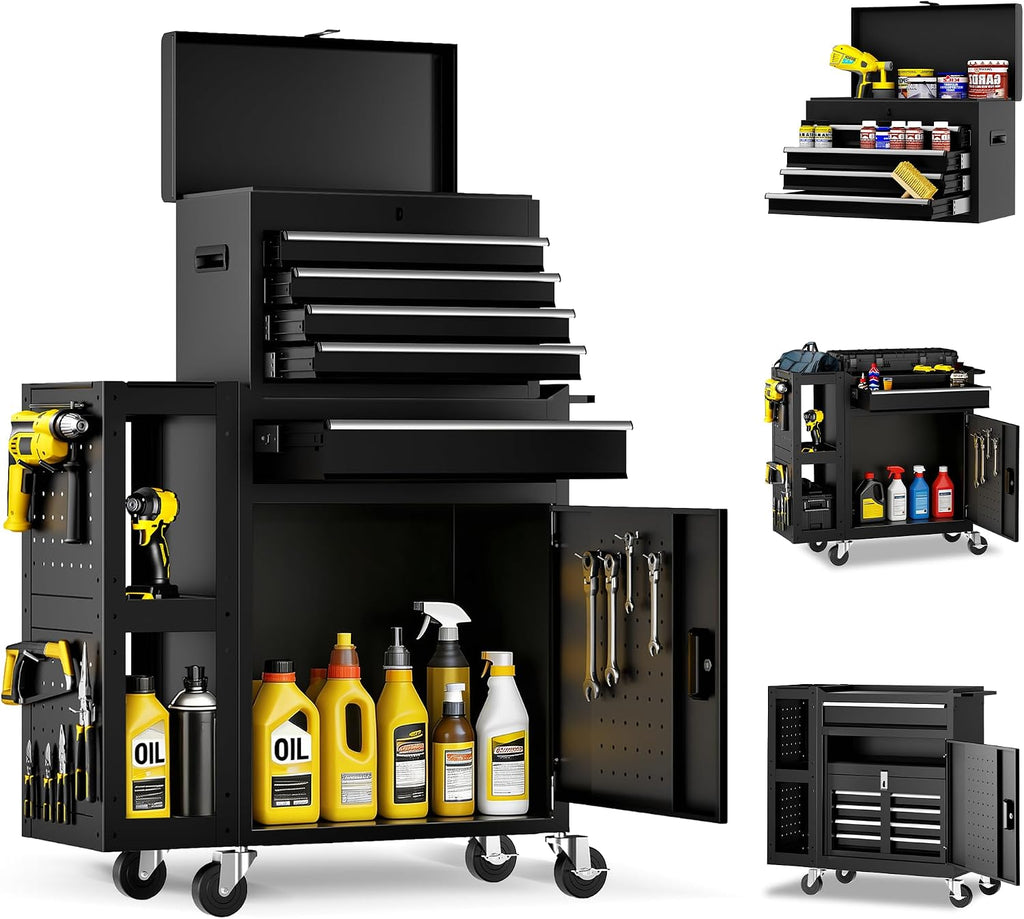 Metal Tool Chest, 5 Drawer Rolling Tool Chest with Wheels, Assembled Tool Storage Cabinet with Locking, Sliding Drawers & Detachable Top Tool Box, for Repair Room Warehouse Garage Workshop