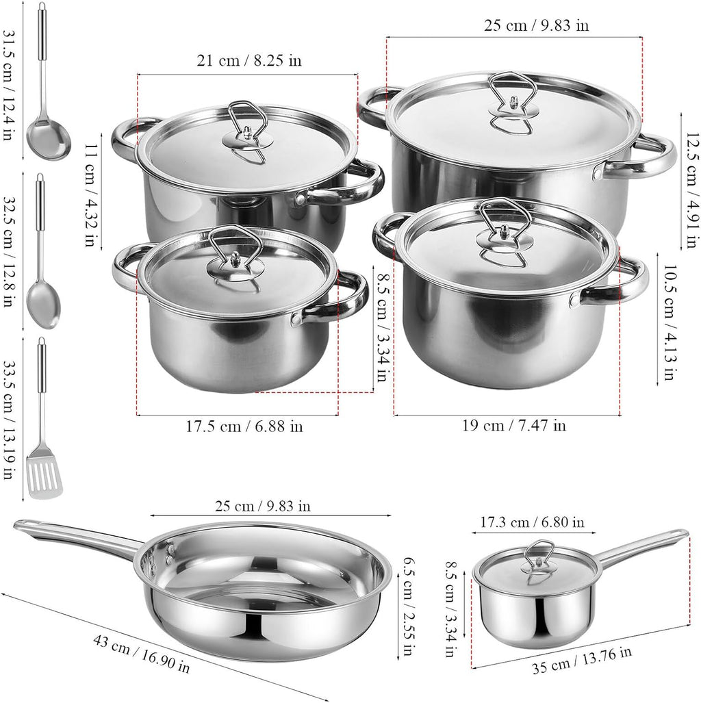15pcs Stainless Steel Cookware Set with Lids and Cooking Utensils, Induction Compatible Kitchen Pots and Pans Set with Composite Bottom for Gas, Electric, and Induction Stoves