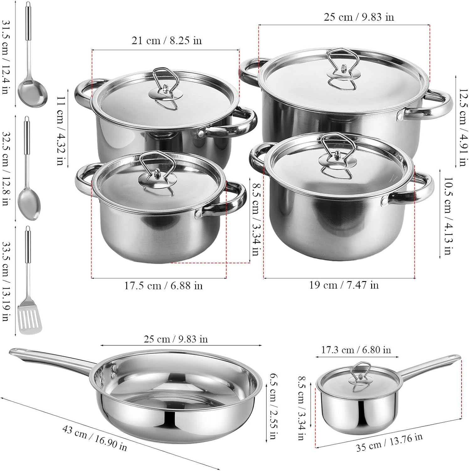 15pcs Stainless Steel Cookware Set with Lids and Cooking Utensils, Induction Compatible Kitchen Pots and Pans Set with Composite Bottom for Gas, Electric, and Induction Stoves