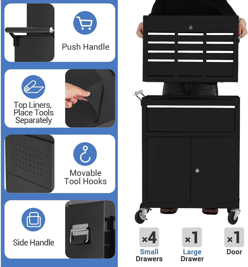 5-Drawer Rolling Tool Chest with Wheels and Locking System, Portable Tool Cabinet for Garage, Workshop, Mechanic, Heavy Duty Tool Box with Drawers, Detachable Storage for Home and Shop, Black