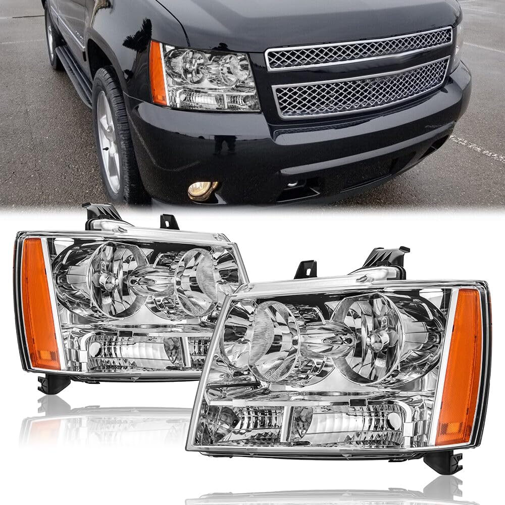 Headlights Tail Lights Assembly Kits Replacement for 2007-2014 Chevy Tahoe,07-13 Suburban, chrome Housing Headlights w/OE Style Taillights Rear Brake Lamp