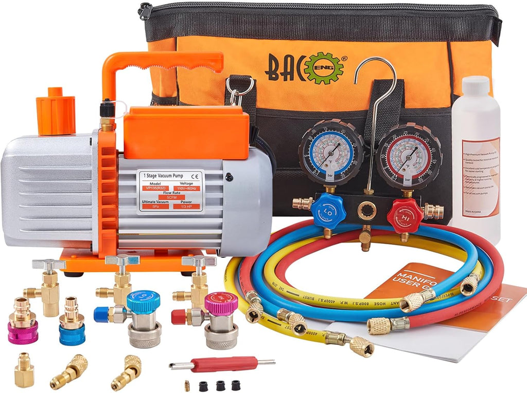 BACOENG R32 AC Vacuum Pump and Gauge Set, 5 CFM HVAC Vacuum Pump Kit for AUTO/Mini Split System, Sparkless Motor for R1234yf R32 R134a R410a Refrigerants