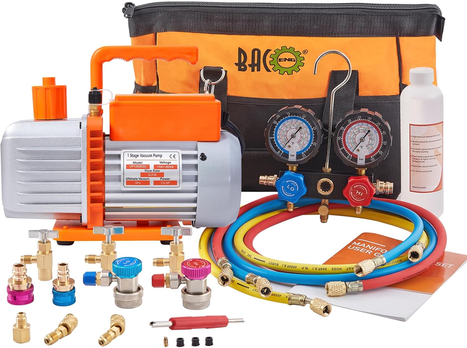 BACOENG R32 AC Vacuum Pump and Gauge Set, 5 CFM HVAC Vacuum Pump Kit for AUTO/Mini Split System, Sparkless Motor for R1234yf R32 R134a R410a Refrigerants
