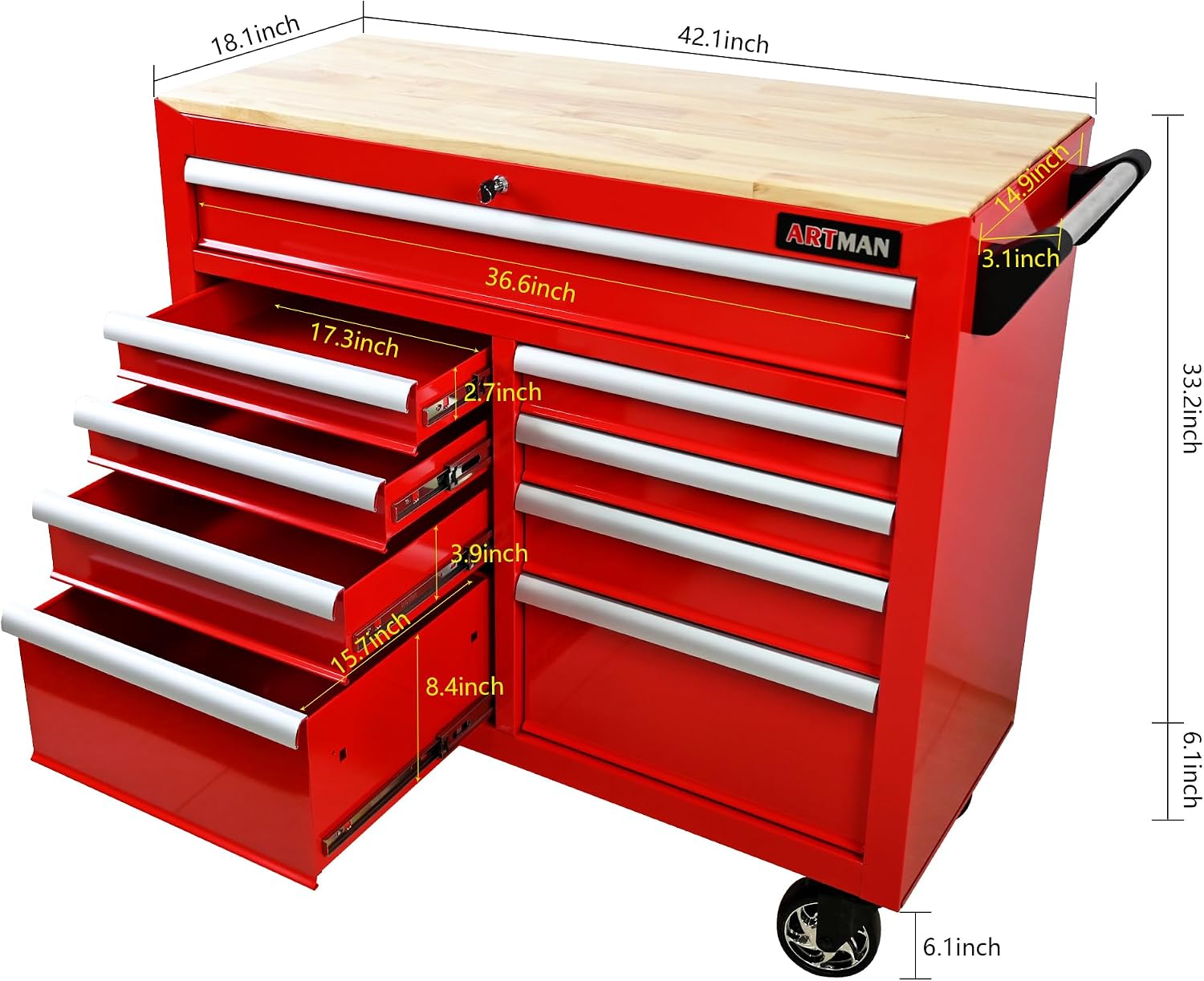 Large Tool Chest with Wheels, Rolling Toolbox with 9 Drawers, Metal Storage Tool Cart with 42'' Wood Top and Side Handle for Garage, Shop (Bonus Drawer Liners) — Red