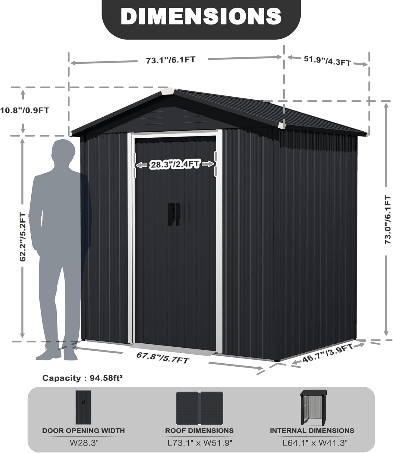 Nuu Garden 6 x 4 FT Garden Storage Shed with Sliding Doors, Galvanized Sheet Tool Shed with Sloping Roof, Anti-Corrosion Garden Shed with Air Vents for Backyard Patio Lawn, Black