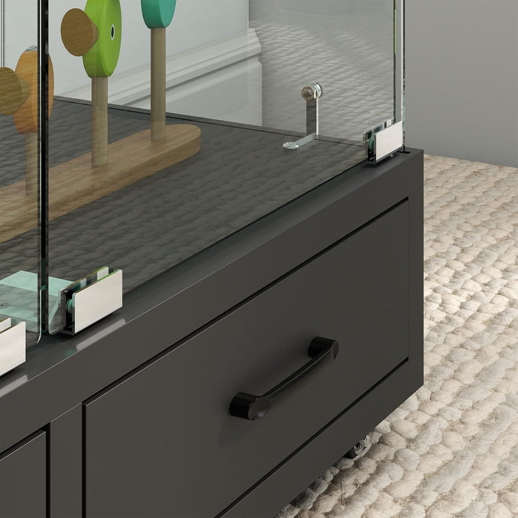 Modern Glass Display Cabinet with LED Light 4-Shelf Curio Cabinets with Storage Drawer and Wheels,Tempered Glass Display Shelf Bookcase for Living Room Home Office