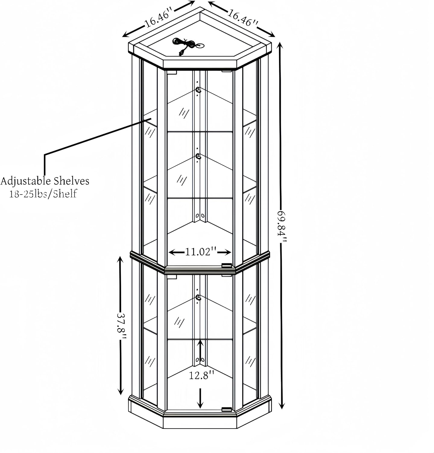 70' Lighted Corner Curio Cabinet,Inside Mirror Corner Glass Display Case with Tempered Glass Door for Living Room, Antique Collectibles, Wine & Bar Glass Storage, Lights Included