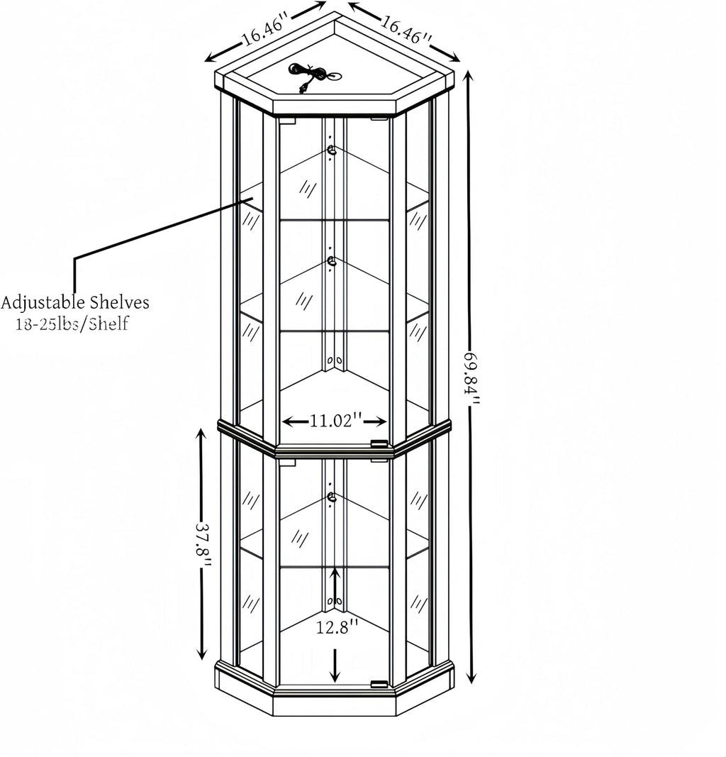 Ball & Cast 70' H Lighted Corner Curio Cabinet, Glass Display Cabinet with 5 Tempered Adjustable Glass Shelves and Doors,Include Light Bulb, Rack for Living Room,Dark Cherry