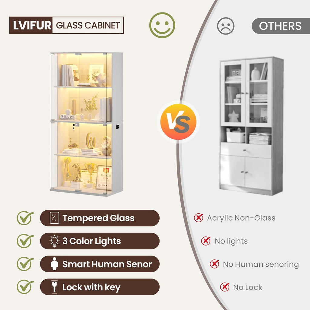 HNEBC White Display Cabinet with Glass Door,Lighted 4-Tier Curio Cabinet with3 Color Lights for Collectibles Bookcases,66' Display Case with Human Body Sensor for Living Room/Game Room