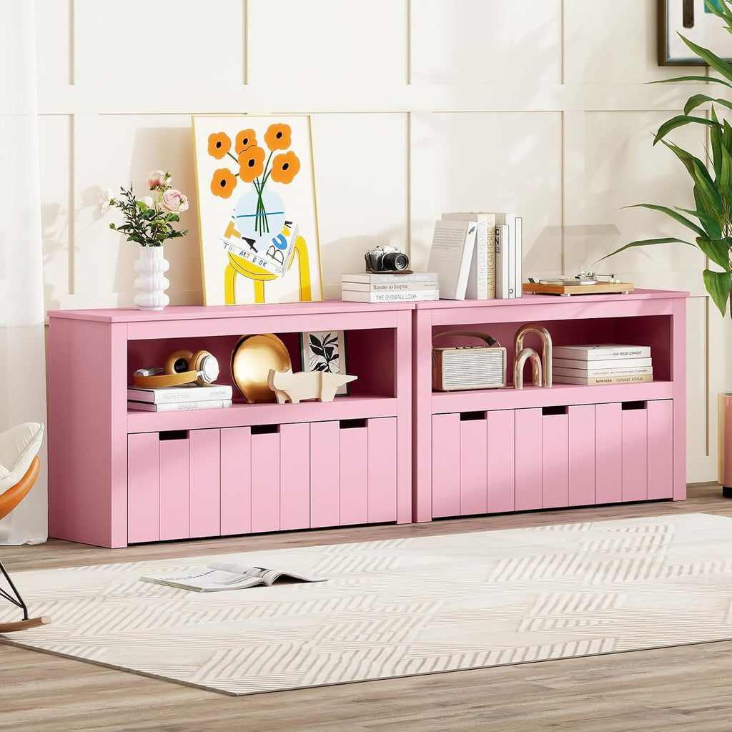 HONEY JOY Kids Toy Storage Organizer, Children Daycare Shelf, 3 Wooden Toy Box w/Wheels, Toddler Classroom Display Cabinet for Playroom, Nursery, Kindergarten (Pink)