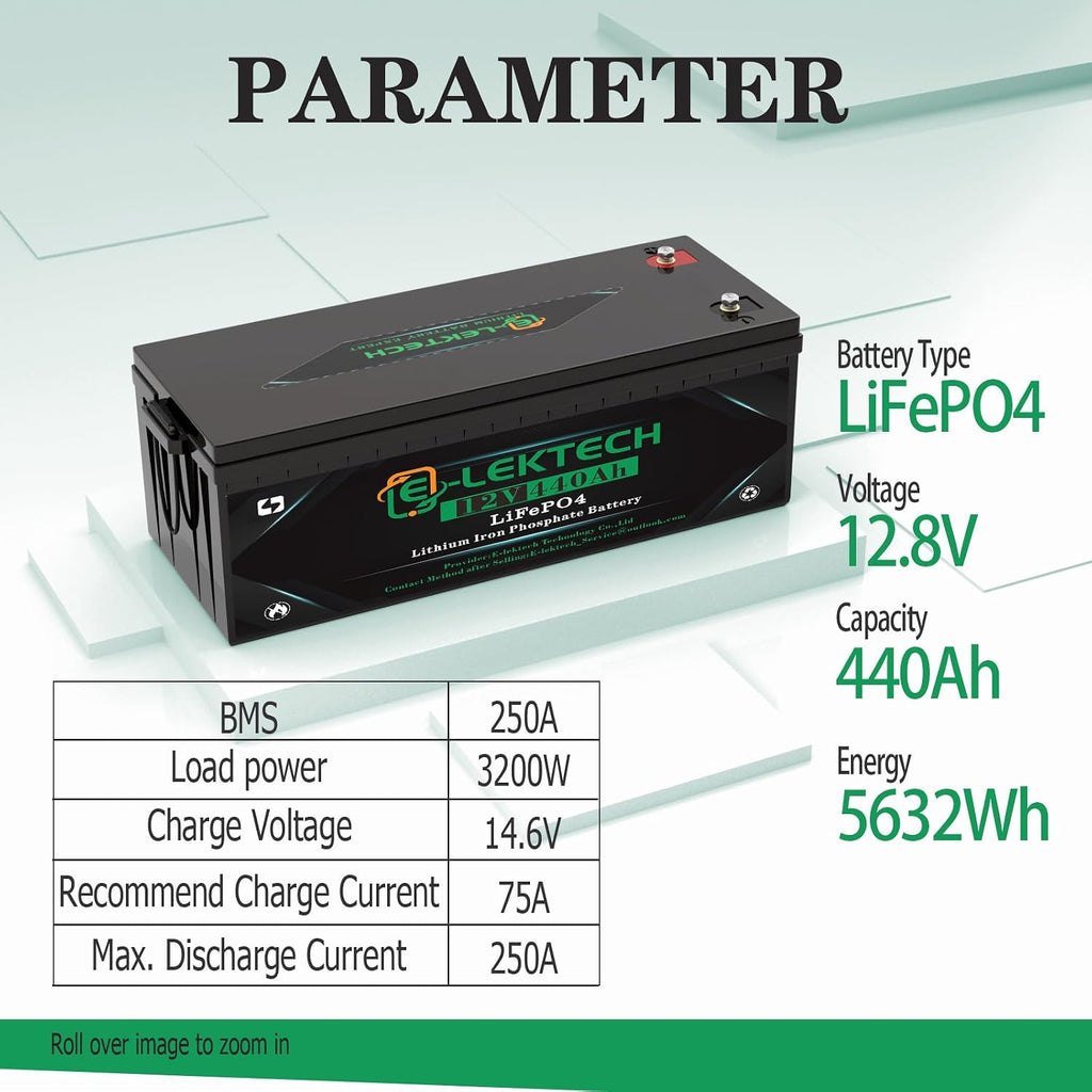 12V 440Ah LiFePO4 Lithium Battery Built-in 250A BMS, Battery Up to 10000 Cycle Lithium Battery, 10-Year Lifespan, Perfect for RV, Solar, Home Energy Storage
