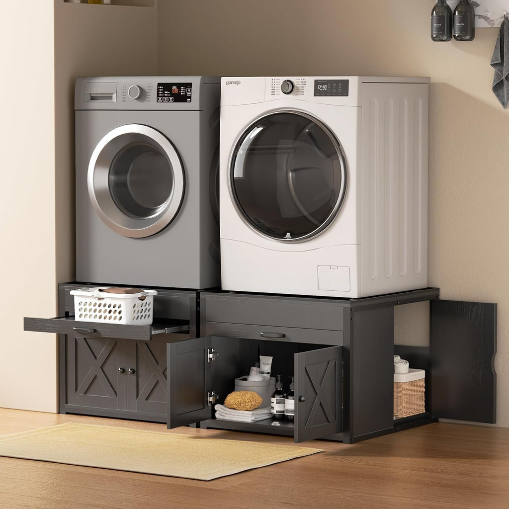 DTK Washer and Dryer Pedestals, Washing Machine Stand with Laundry Basket Shelf, Universal Fit Laundry Pedestals with Hidden Storage and Three Side Doors, 800LBS Capacity