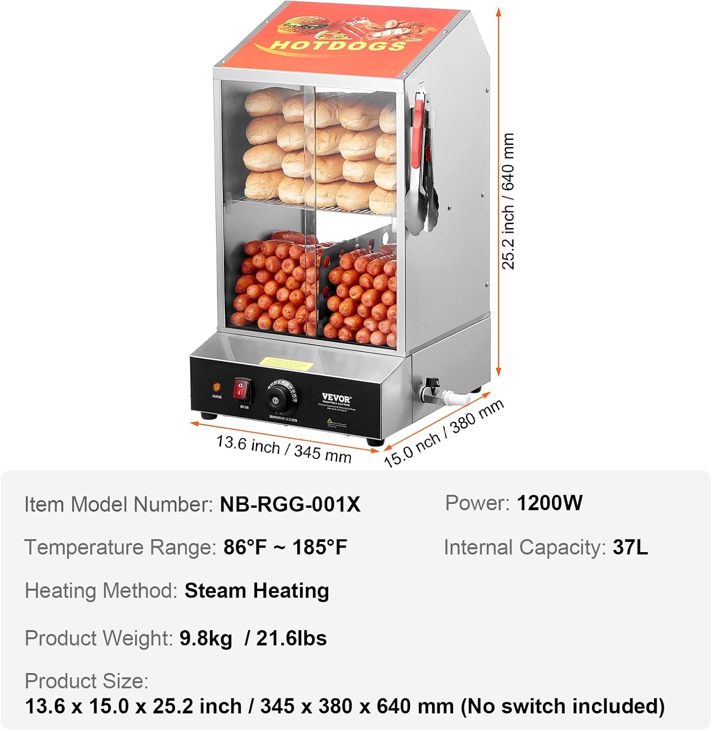VEVOR Hot Dog Machine, 36 L, 2-Tier Hot Dog Steamer for 200 Hotdogs & 42 Buns, 1200W Electric Bun Warmer Cooker with Rotary Knob Temp Display