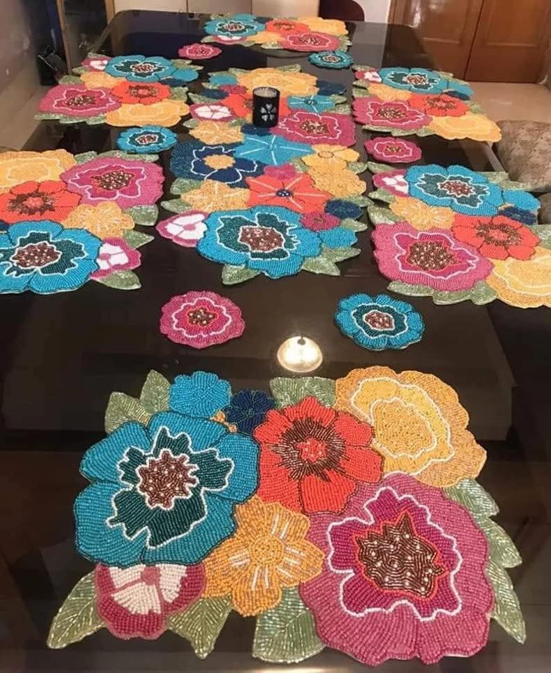 HM Creations Multicolor Floral Table Runner, Handmade Table Runner, Beaded Table Topper 13X36 Inch Dinning Decoration. (Set of 1 Table Runner and 6 Place Mats)