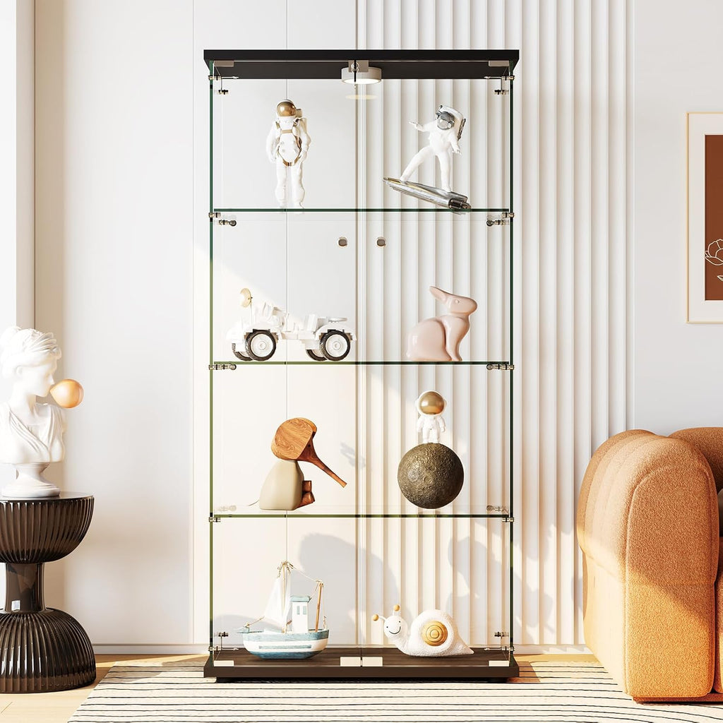 4-Tier 64.6h' Tempered Glass Display Cabinet (Black) - Full-Glass Curio Case with 13-Color LED Lights & Human Body Sensor, 17.6LBS/Layer Capacity, Quick-Install Storage for Collectibles & Decor