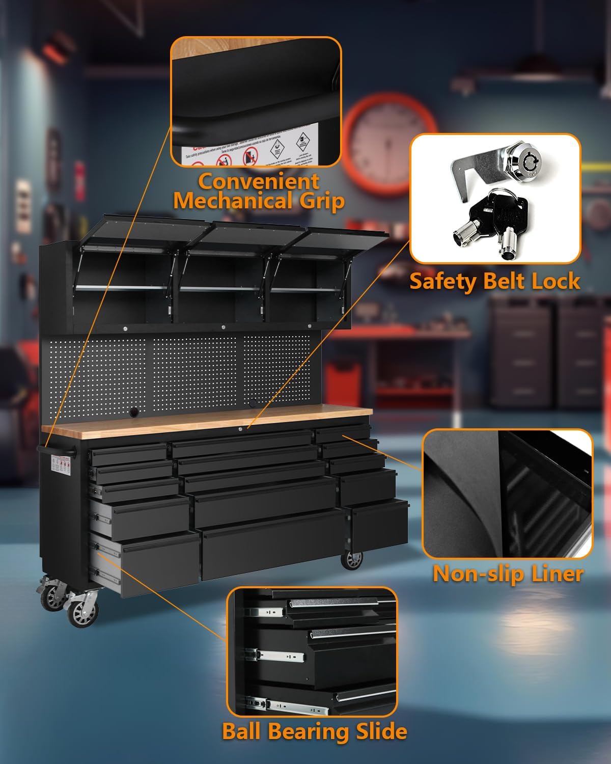 75' Tool Chest Tool Box, Heavy Duty Tool Chest Cabinet with 15 Drawers and 3 Upper Cabinets Combination Tool Cabinet, Large Tool Bench Organizer with Wood Top and Pegboard for Garage, Black