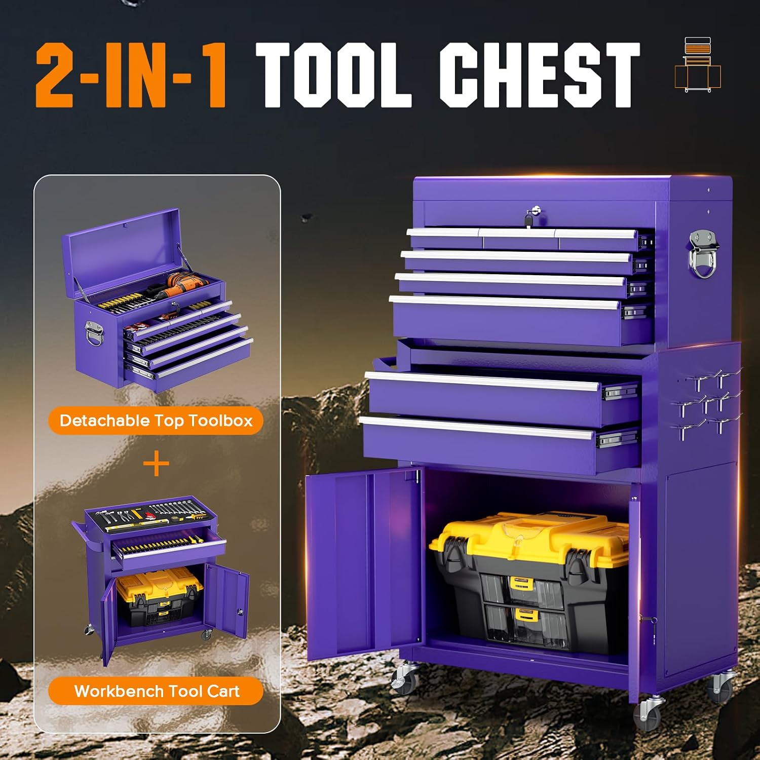 Incbruce 8-Drawer Metal Rolling Tool Chest, High Capacity Toolbox Organizer with Wheels, Detachable Tool Cabinet Top for Mechanics Garage and Workshop (Purple)