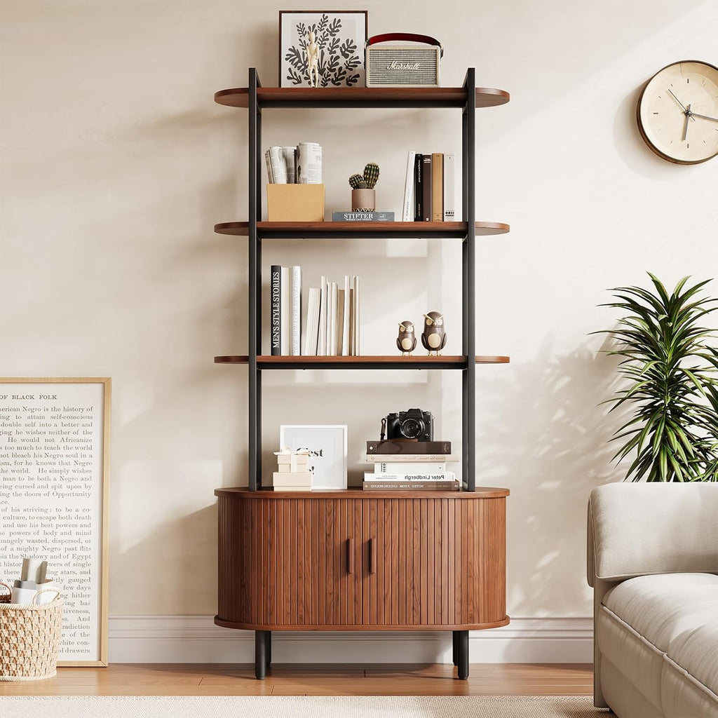 5 Tier Tall Bookshelf with Cabinet, Fluted Bookcase with Sliding Door, Metal and Wood Display Shelf, Free Standing Storage Shelving Unit, Corner Storage Organizer for Living Room, Home Office, Walnut