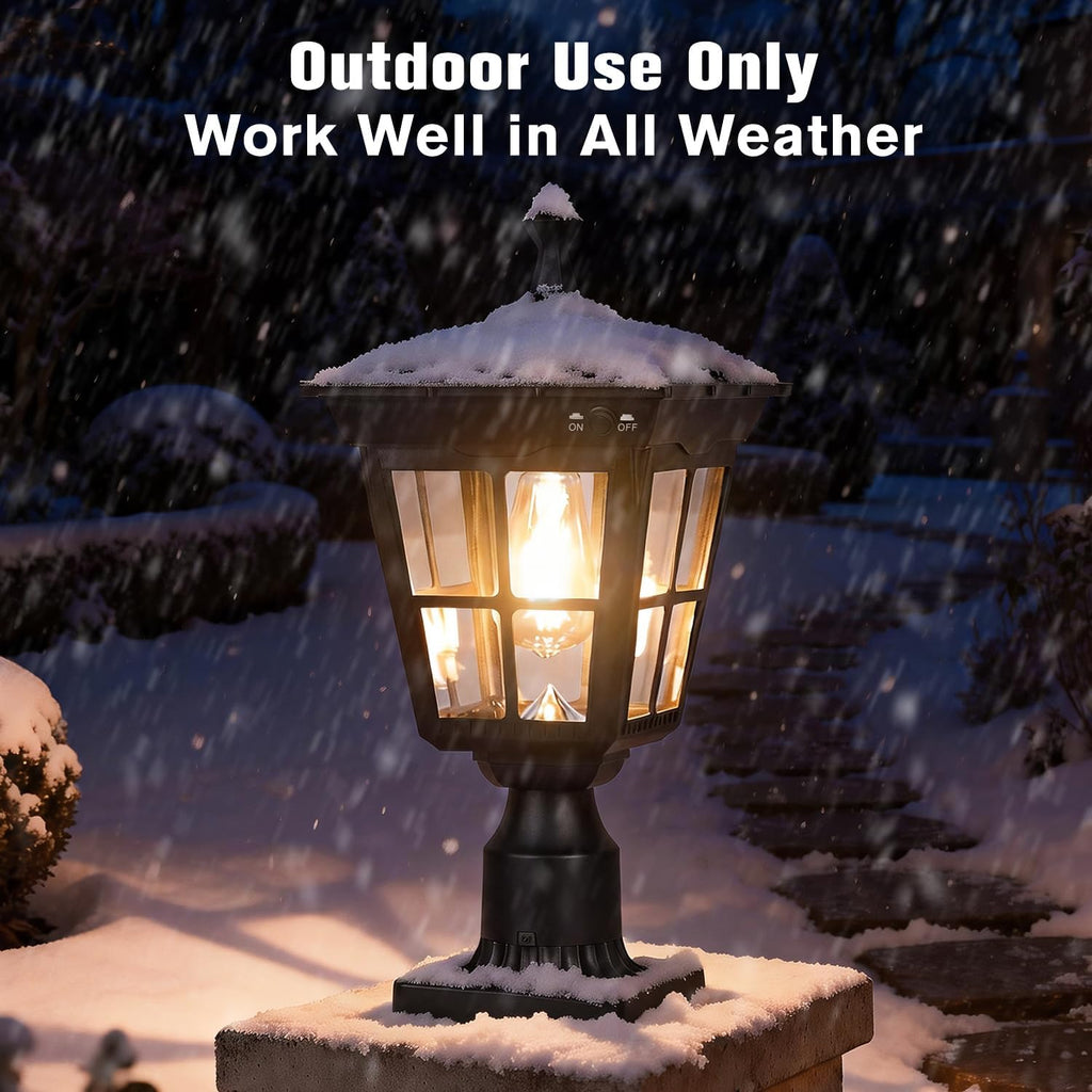 Solar Lamp Post Light, Cast Aluminium Waterproof LED Pillar Lights with Glass Outdoor Dusk to Dawn Post Light Solar Powered ST4311BQ for Pier Mount Gates Yard Pole (Black+Clear Glass)