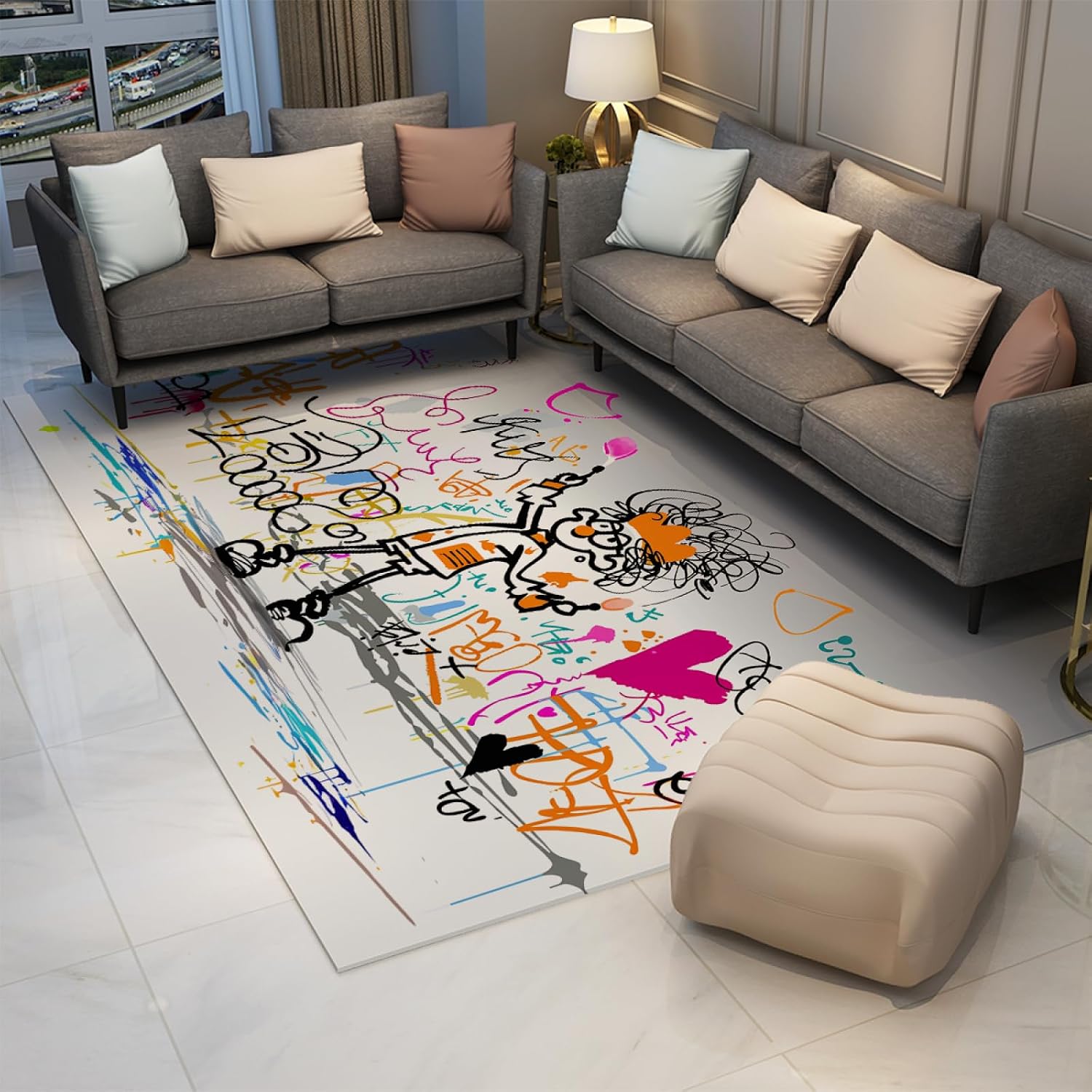 Modern Cute Graffiti Area Rug 6'x7' - Creative Cartoon Pattern Easy-Cleaning Non Slip Entry Floor Carpet Washable Rug for Living Room