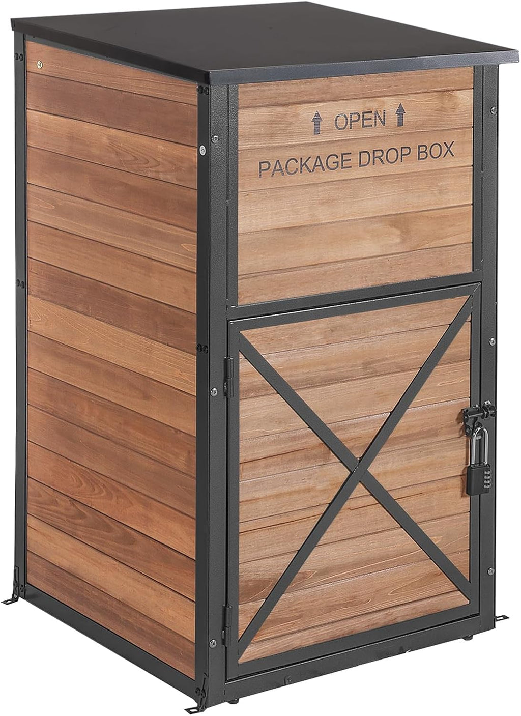 GUTINNEEN Package Delivery Box for Outside Large Parcel Drop Box,Metal Frame Solid Wood, Anti-Theft Baffle, Password Lock,Gas-Strut Lid,Weatherproof for Multiple Packages, 22.2' L x 27.5' D x 40.6' H