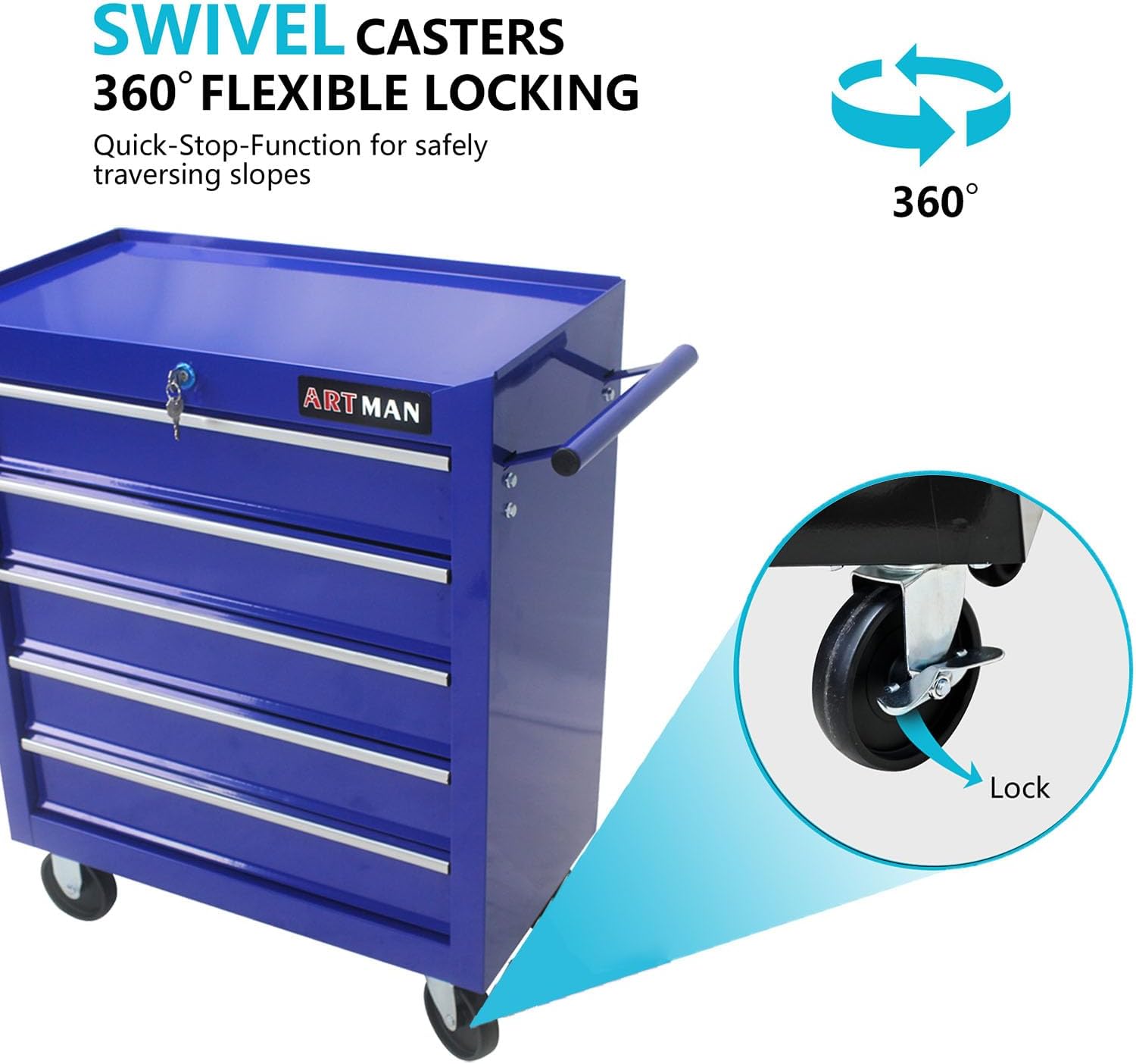 5-Drawer Tool Cart on Wheels, Drawers Rolling Tool Chest with Key Lock, Mobile Trolley Organizer Tools Box with Locking Wheels & Ball Bearing Drawers for Garage,Warehouse,Repair Shop (Blue)