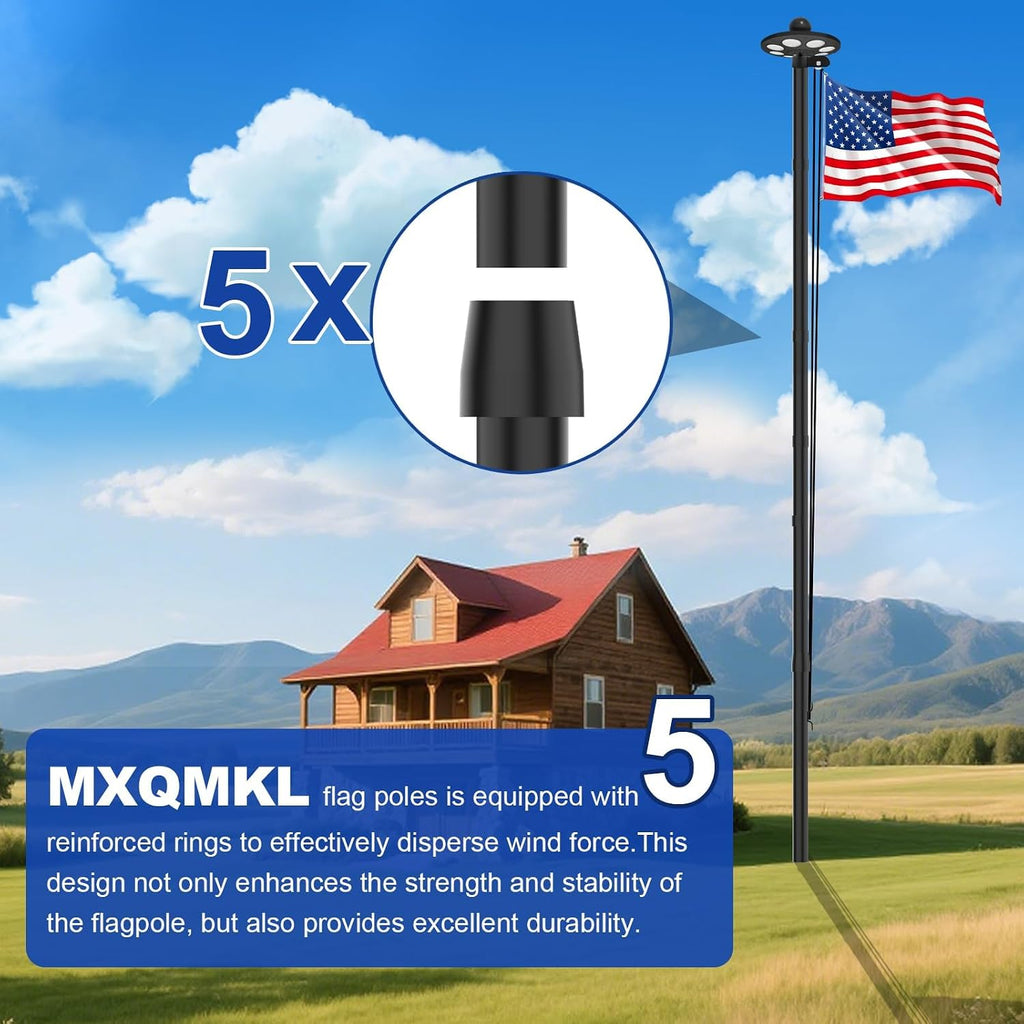 MXQMKL 11 Gauge Heavy Duty Flag Pole Kit with Solar Light,25FT Flagpoles for Outside House in Ground Extra Thick Outdoor Flag Pole with 3x5 American Flag with Pole for Outside,120 MPH Wind Tested