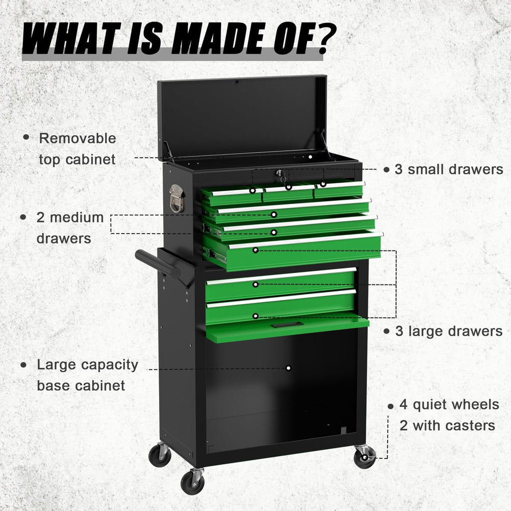 8-Drawer Tool Chest with Wheels,High Capacity Rolling Tool Box with Wheels,Locking Mechanical Tool Chest,Metal Tool Box for Garage Workshop (Blackgreen)