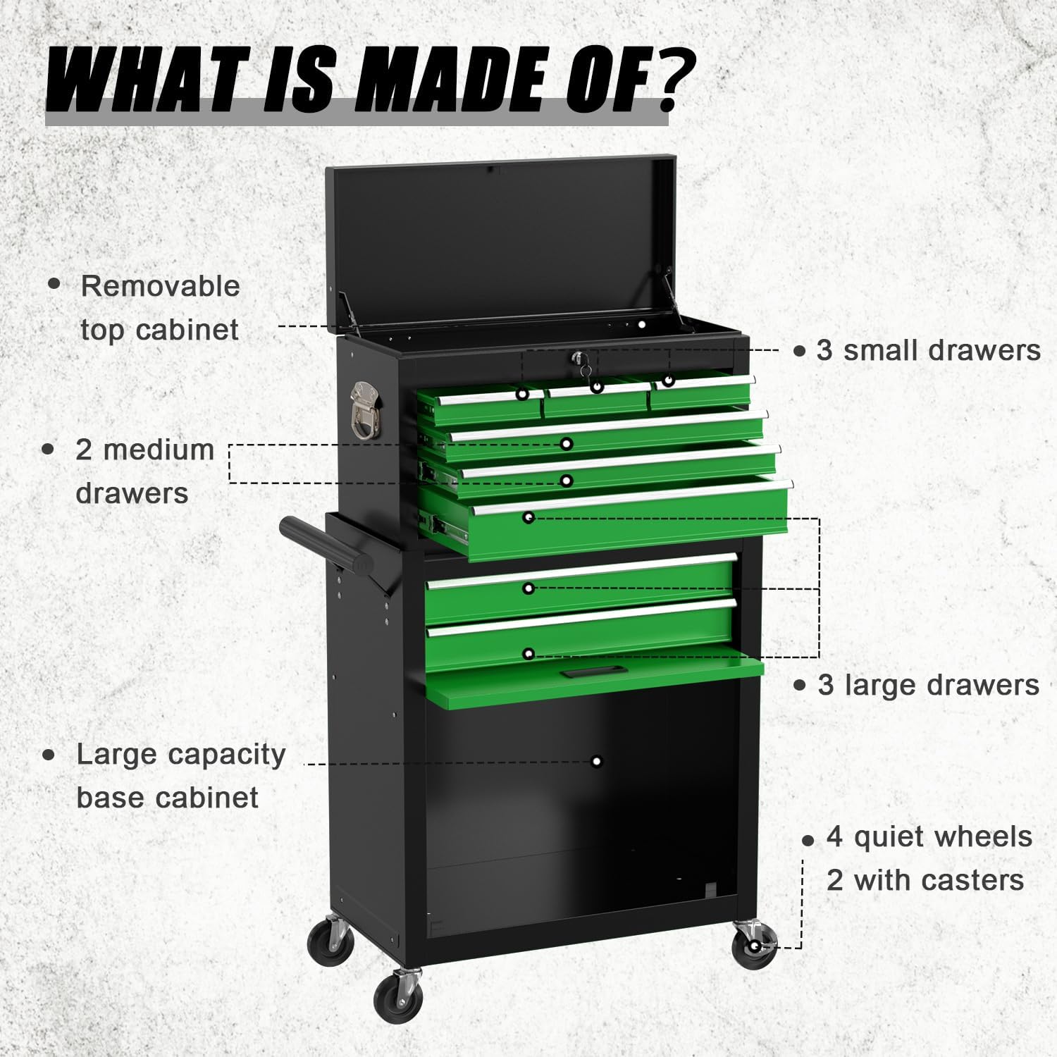 8-Drawer Tool Chest with Wheels,High Capacity Rolling Tool Box with Wheels,Locking Mechanical Tool Chest,Metal Tool Box for Garage Workshop (Blackgreen)
