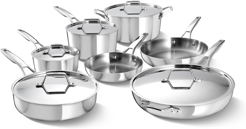 Calphalon Premier Polished 5-Ply Stainless Steel Cookware Set w/Turbo Heat Tech 12 Piece Includes Frying Pans, Pots and Pans Set, Induction, Oven Safe 500F, PFOA Free, Polished Stainless Silver