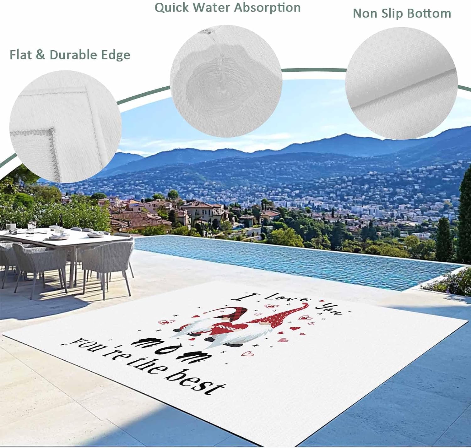 Outdoor Rug 4x6ft Mother's Day Gnomes with Romantic Red Hearts Patio Area Rugs Waterproof Easy Cleaning Non Shedding Thick Mats White Carpet for Indoor Outdoor Porch Deck Backyard Balcony