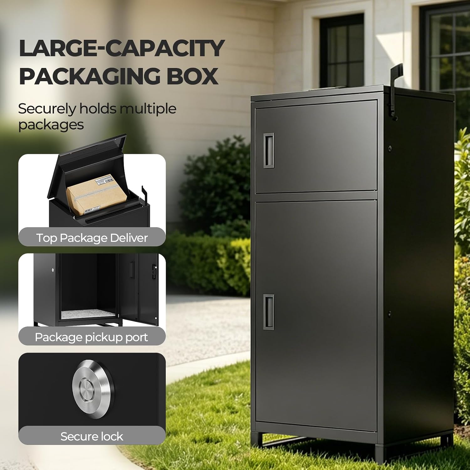 Large Outdoor Package Delivery Box with Lock | Weatherproof Anti-Theft Parcel Box | Transparent Acrylic Viewing Window for Packages for Garden, Porch, Yard | (41.5H x 16.5D x 19.7W)